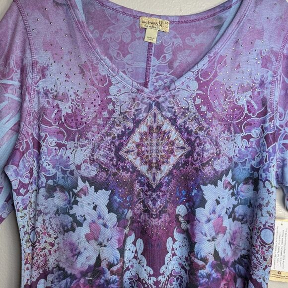 Oneworld Purple & Blue Floral Rhinestone Sublimation Floral Sweater Tunic Top 1X - Picture 4 of 7